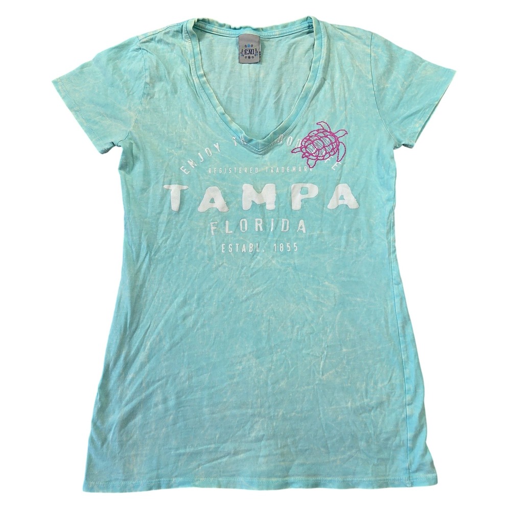 EMI Tampa Florida Sea Turtle Graphic V-Neck Tee Turquoise Acid Wash Medium Beach